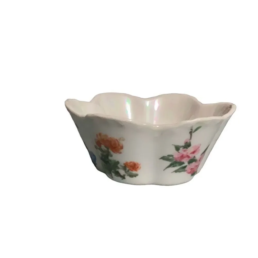 Vintage Scalloped Floral Pottery Catch All Porcelain Irridescent Catch Bowl 1983
